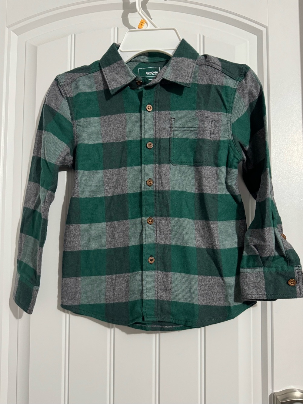 Cool Sonoma boys size 5 green gray plaid button up flannel shirt new